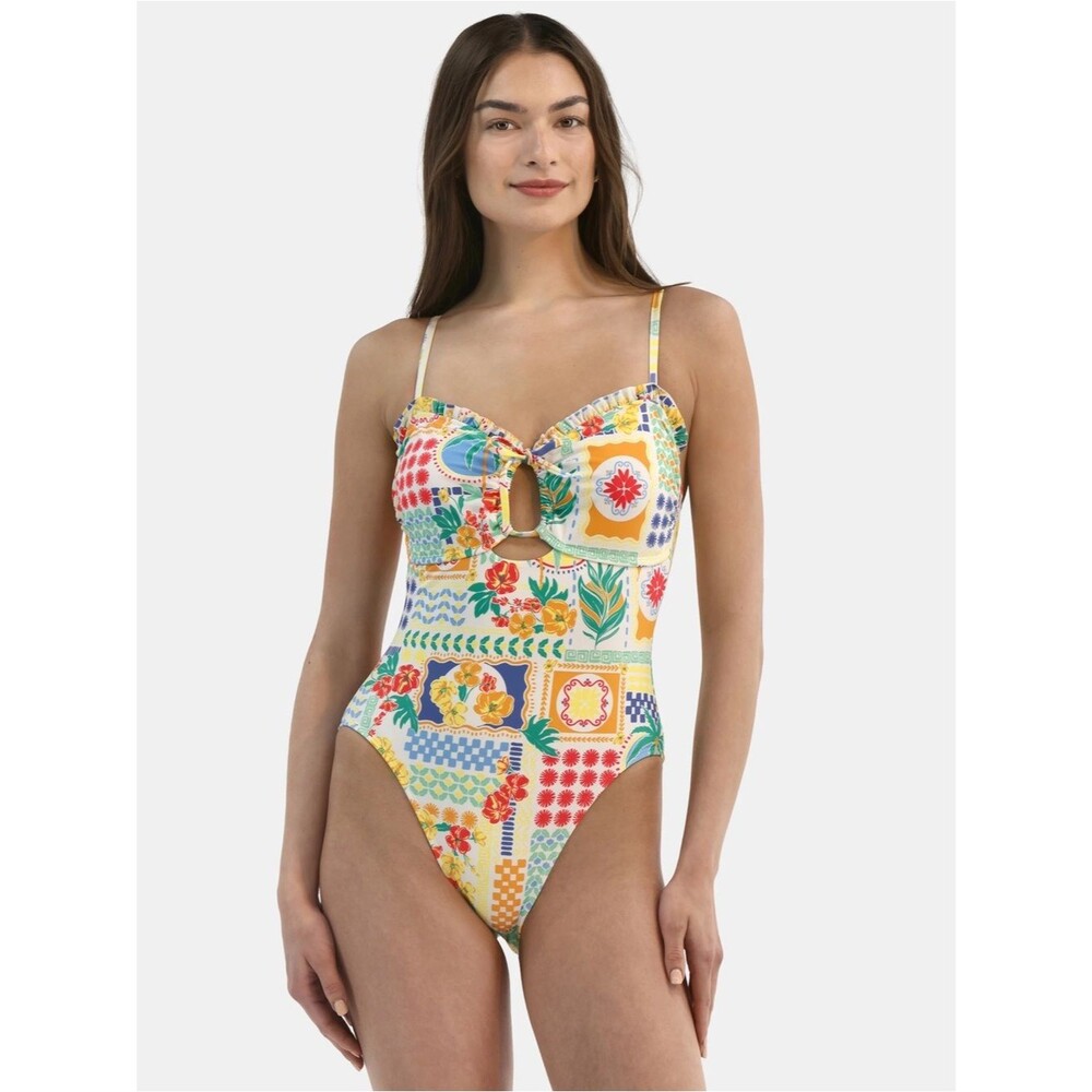 Time and Tru White Colorful Multi Floral Palm Hibiscus Print OnePiece Bikini S
